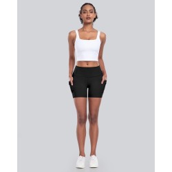 CHRLEISURE Womens Biker Yoga Shorts with Pocket, High Waisted Tummy Control 5 Inch Workout Spandex Athletic Gym Shorts