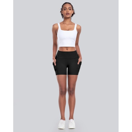 CHRLEISURE Womens Biker Yoga Shorts with Pocket, High Waisted Tummy Control 5 Inch Workout Spandex Athletic Gym Shorts