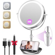 Auxmir 9" Large Lighted Makeup Mirror with Magnification, 1X/30X Double Sided Magnifying Mirror with Adjustable Height, Rechargeable Vanity Mirror with 3 Color Dimmable Lights, 360° Rotation