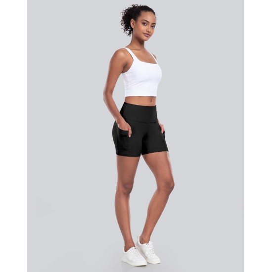 CHRLEISURE Womens Biker Yoga Shorts with Pocket, High Waisted Tummy Control 5 Inch Workout Spandex Athletic Gym Shorts