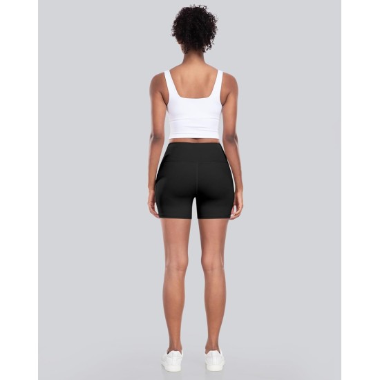 CHRLEISURE Womens Biker Yoga Shorts with Pocket, High Waisted Tummy Control 5 Inch Workout Spandex Athletic Gym Shorts