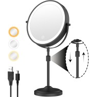 9" Lighted Makeup Mirror with 1X 10x Magnification, 5000mAh Rechargeable Led Magnifying Vanity mirror with lights, 3 Lighting Colors, Brightness Dimmable Height Adjustable Cosmetic Mirror Black