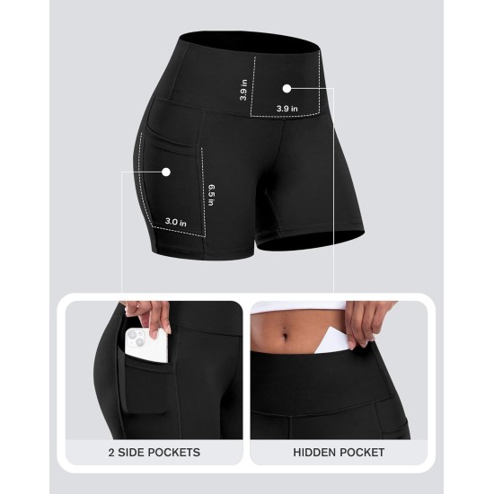 CHRLEISURE Womens Biker Yoga Shorts with Pocket, High Waisted Tummy Control 5 Inch Workout Spandex Athletic Gym Shorts