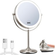 9" Lighted Makeup Mirror, 1X/20X Rechargeable Magnifying Mirror with 3 Color Dimmable Lights for Bedroom Tabletop, Base Charging and Switch, Women Gift