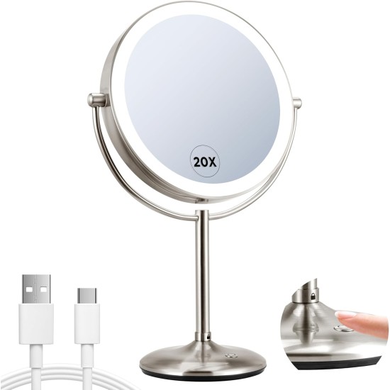 9" Lighted Makeup Mirror, 1X/20X Rechargeable Magnifying Mirror with 3 Color Dimmable Lights for Bedroom Tabletop, Base Charging and Switch, Women Gift 9" Lighted Makeup Mirror, 1X/20X Rechargeable Magnifying Mirror with 3 Color Dimmable Lights for Bedroom Tabletop, Base Charging and Switch, Women Gift