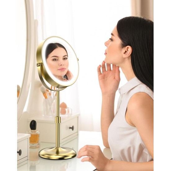 Benbilry Lighted Makeup Mirror with 3 Color Lights & 10X Magnification, Adjustable Brightness & Height, 7 Inch 360° Swivel Rechargeable 10X LED Magnifying Vanity Mirror with Light, Gold