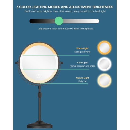 9" Lighted Makeup Mirror with 1X 10x Magnification, 5000mAh Rechargeable Led Magnifying Vanity mirror with lights, 3 Lighting Colors, Brightness Dimmable Height Adjustable Cosmetic Mirror Black