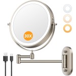 Auxmir 1X/30X Wall Mounted Lighted Makeup Mirror, 8" 3200 mAh Rechargeable Double-Sided Magnifying Mirror, Touch Dimmable 3 Color Lights, 360° Rotating Foldable 14.5" Extension Arm, Brushed Nickel