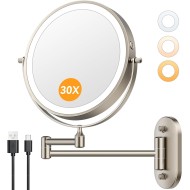 Auxmir 1X/30X Wall Mounted Lighted Makeup Mirror, 8" 3200 mAh Rechargeable Double-Sided Magnifying Mirror, Touch Dimmable 3 Color Lights, 360° Rotating Foldable 14.5" Extension Arm, Brushed Nickel