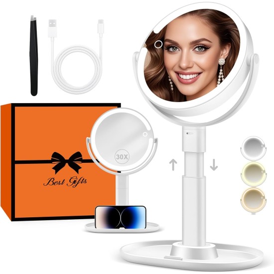 B Beauty Planet Vanity Mirror with Lights, 30X Magnifying Makeup Mirror with 3 Lighting and Adjustable Brightness, Rechargeable 2-Sided Height Adjustable Desk Mirror for Bathroom, Women Gifts for Mom B Beauty Planet Vanity Mirror with Lights, 30X Magnifying Makeup Mirror with 3 Lighting and Adjustable Brightness, Rechargeable 2-Sided Height Adjustable Desk Mirror for Bathroom, Women Gifts for Mom