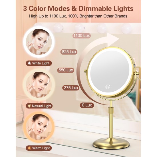 Benbilry Lighted Makeup Mirror with 3 Color Lights & 10X Magnification, Adjustable Brightness & Height, 7 Inch 360° Swivel Rechargeable 10X LED Magnifying Vanity Mirror with Light, Gold