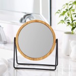 Amazon Basics Vanity Round Tabletop Mirror with Bamboo Rim, Double Sided Magnifying, 360° Rotation, Black, 7.2"L x 2.87"W