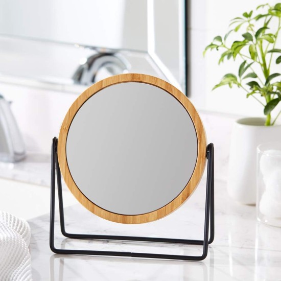 Amazon Basics Vanity Round Tabletop Mirror with Bamboo Rim, Double Sided Magnifying, 360° Rotation, Black, 7.2"L x 2.87"W