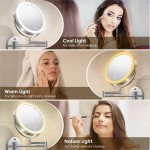 Wall Mounted Lighted Makeup Mirror, 8" Rechargeable Double-Sided Light up Magnifying Mirror 1x/10x, 3 Colors Led Vanity Mirror with Lights, Touch Dimmable 360° Rotation Foldable