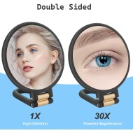 30x Magnifying Mirror, Travel Hand Mirrors with Handle - Double Side Handheld Mirror with 1X 30X Magnification & Adjustable Handle/Stand, Hand Held Foldable Travel Mirror for Makeup(Black)