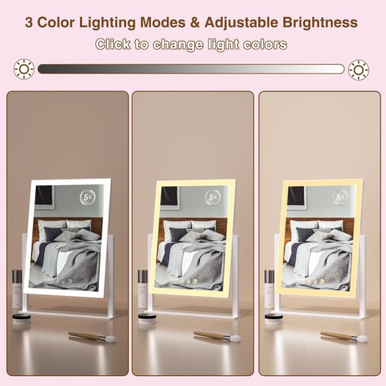 Light up Makeup Mirror for Vanity, Desk Mirror with Light with 5X Magnification Mirror, Light up Vanity Mirror, Led Mirror for Desks, Makeup Vanity Mirror, 3 Color, Touch Control