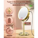 Benbilry Lighted Makeup Mirror with 3 Color Lights & 10X Magnification, Adjustable Brightness & Height, 7 Inch 360° Swivel Rechargeable 10X LED Magnifying Vanity Mirror with Light, Gold