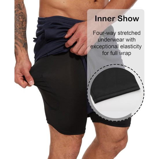 4 Pack Mens 2 in 1 Running Workout Shorts with Liner, Gym Athletic Quick Dry Sport Shorts with Pockets