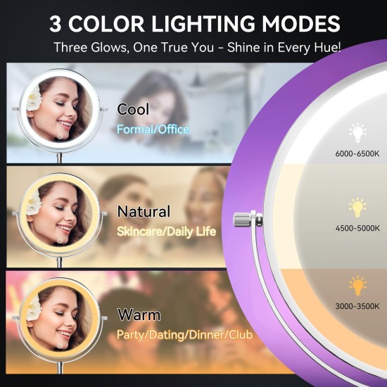 Auxmir 9" Large Lighted Makeup Mirror with Magnification, 1X/30X Double Sided Magnifying Mirror with Adjustable Height, Rechargeable Vanity Mirror with 3 Color Dimmable Lights, 360° Rotation