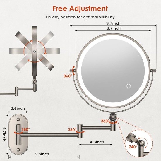 9" Wall Mounted Lighted Makeup Mirror,4000mAh Rechargeable Double Sided 1X/30X Magnifying Mirror with Light,Touch Dimmable,Extended Arm 360 Rotation Wall Mounted Makeup Mirror 3 Color Lights-N