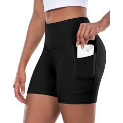 CHRLEISURE Womens Biker Yoga Shorts with Pocket, High Waisted Tummy Control 5 Inch Workout Spandex Athletic Gym Shorts