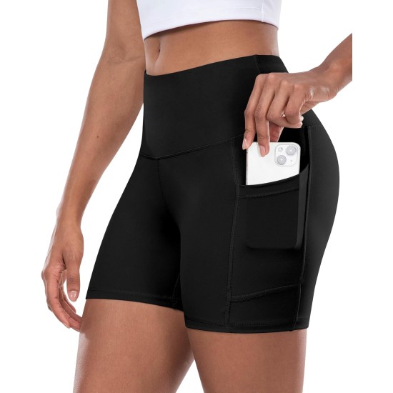 CHRLEISURE Womens Biker Yoga Shorts with Pocket, High Waisted Tummy Control 5 Inch Workout Spandex Athletic Gym Shorts