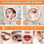 Auxmir 1X/30X Wall Mounted Lighted Makeup Mirror, 8" 3200 mAh Rechargeable Double-Sided Magnifying Mirror, Touch Dimmable 3 Color Lights, 360° Rotating Foldable 14.5" Extension Arm, Brushed Nickel