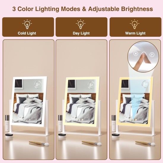Light up Makeup Mirror for Vanity, Desk Mirror with Light with 5X Magnification Mirror, Light up Vanity Mirror, Led Mirror for Desks, Makeup Vanity Mirror, 3 Color, Touch Control