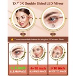 Benbilry Lighted Makeup Mirror with 3 Color Lights & 10X Magnification, Adjustable Brightness & Height, 7 Inch 360° Swivel Rechargeable 10X LED Magnifying Vanity Mirror with Light, Gold
