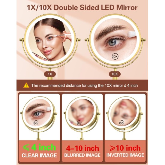 Benbilry Lighted Makeup Mirror with 3 Color Lights & 10X Magnification, Adjustable Brightness & Height, 7 Inch 360° Swivel Rechargeable 10X LED Magnifying Vanity Mirror with Light, Gold