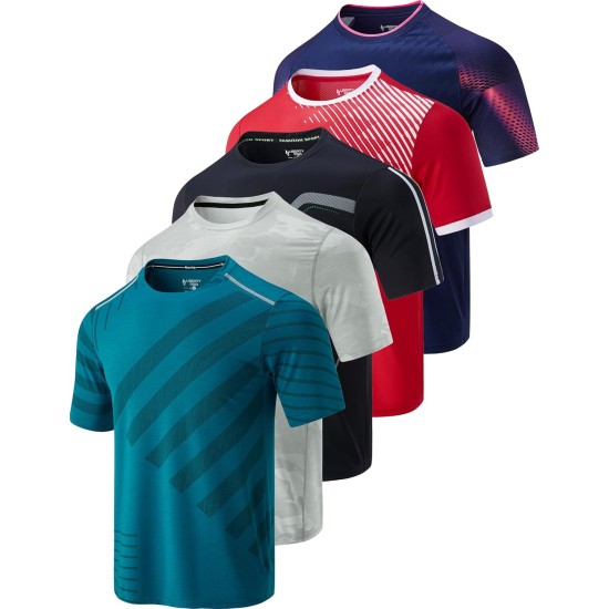 5 Pack Men’s Active Quick Dry Crew Neck T Shirts | Athletic Running Gym Workout Short Sleeve Tee Tops Bulk