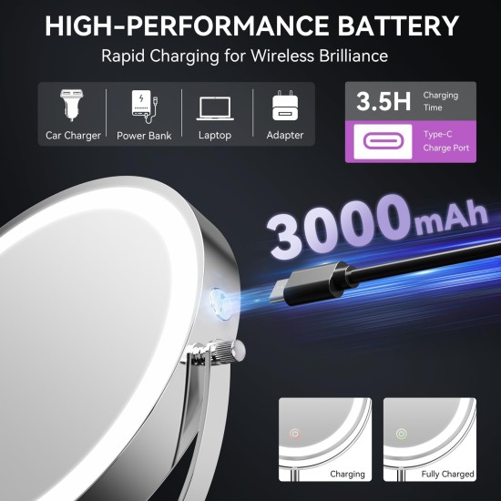 Auxmir 9" Large Lighted Makeup Mirror with Magnification, 1X/30X Double Sided Magnifying Mirror with Adjustable Height, Rechargeable Vanity Mirror with 3 Color Dimmable Lights, 360° Rotation