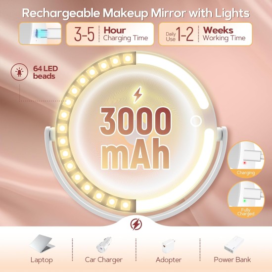 B Beauty Planet Vanity Mirror with Lights, 30X Magnifying Makeup Mirror with 3 Lighting and Adjustable Brightness, Rechargeable 2-Sided Height Adjustable Desk Mirror for Bathroom, Women Gifts for Mom B Beauty Planet Vanity Mirror with Lights, 30X Magnifying Makeup Mirror with 3 Lighting and Adjustable Brightness, Rechargeable 2-Sided Height Adjustable Desk Mirror for Bathroom, Women Gifts for Mom