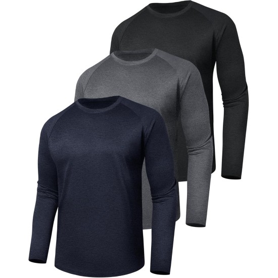 3 Pack Long Sleeve Shirts for Men - Quick Dry Moisture Wicking UV Sun Protection T-Shirts for Fishing Workout Athletic Gym
