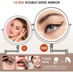 9" Wall Mounted Lighted Makeup Mirror,4000mAh Rechargeable Double Sided 1X/30X Magnifying Mirror with Light,Touch Dimmable,Extended Arm 360 Rotation Wall Mounted Makeup Mirror 3 Color Lights-N