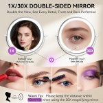 Auxmir 9" Large Lighted Makeup Mirror with Magnification, 1X/30X Double Sided Magnifying Mirror with Adjustable Height, Rechargeable Vanity Mirror with 3 Color Dimmable Lights, 360° Rotation