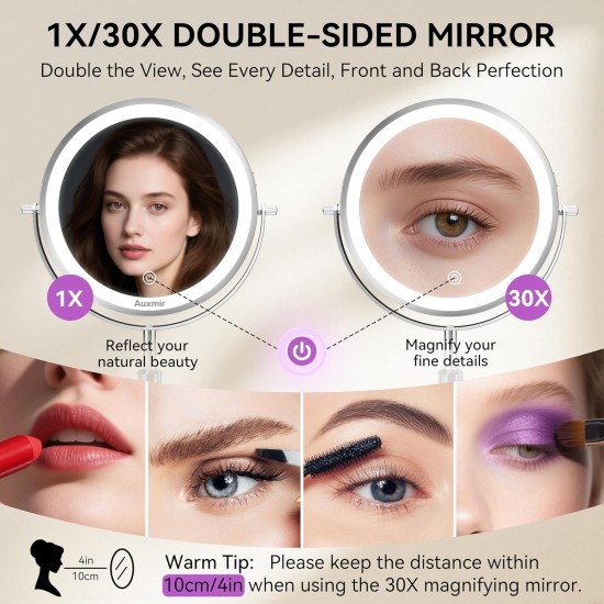 Auxmir 9" Large Lighted Makeup Mirror with Magnification, 1X/30X Double Sided Magnifying Mirror with Adjustable Height, Rechargeable Vanity Mirror with 3 Color Dimmable Lights, 360° Rotation