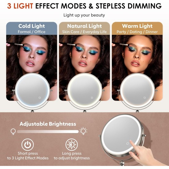 9" Wall Mounted Lighted Makeup Mirror,4000mAh Rechargeable Double Sided 1X/30X Magnifying Mirror with Light,Touch Dimmable,Extended Arm 360 Rotation Wall Mounted Makeup Mirror 3 Color Lights-N