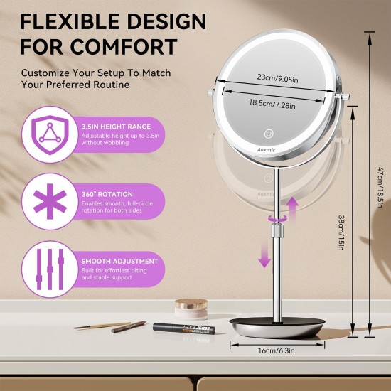 Auxmir 9" Large Lighted Makeup Mirror with Magnification, 1X/30X Double Sided Magnifying Mirror with Adjustable Height, Rechargeable Vanity Mirror with 3 Color Dimmable Lights, 360° Rotation