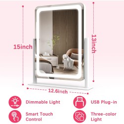 ROLOVE Vanity Mirror with Lights, 12.6"x15" LED Makeup Mirror with Lights, Smart Touch Control 3 Color Dimmable, Lighted Desk Mirror for Bedroom, Light Up Mirror